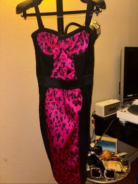 Dolce & Gabbana Black and Magenta Leopard Satin & Lace Dress